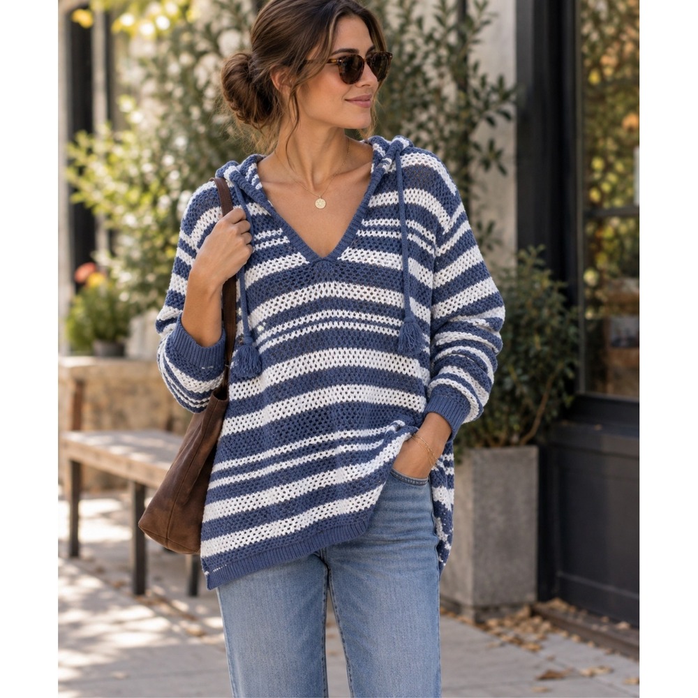 Roxy Women’s Hooded Open Knit Sweater Blue White Stripe V Neck Tassel Size S